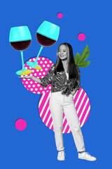 Vertical poster collage of happy guy girl dance wine glass relax pub occasion alcohol pub celebration chill weekend holiday