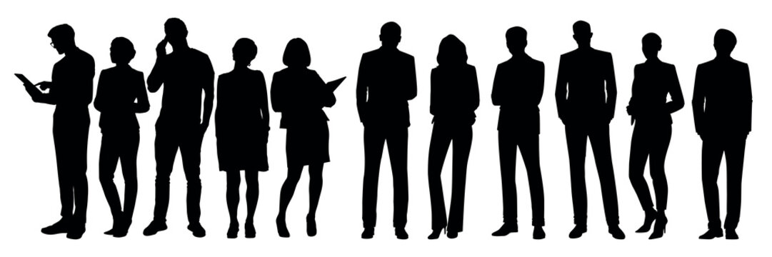Silhouettes of diverse people in business attire. Group of professionals in silhouette. Business silhouettes in various poses. Team silhouettes in black and white. People silhouettes, vector set.