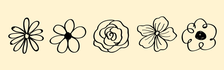 Simple black line drawings of five flowers on a beige background. Each flower has a unique design, showcasing artistic line art of floral patterns. Cute hand drawn floral elements, vector set.