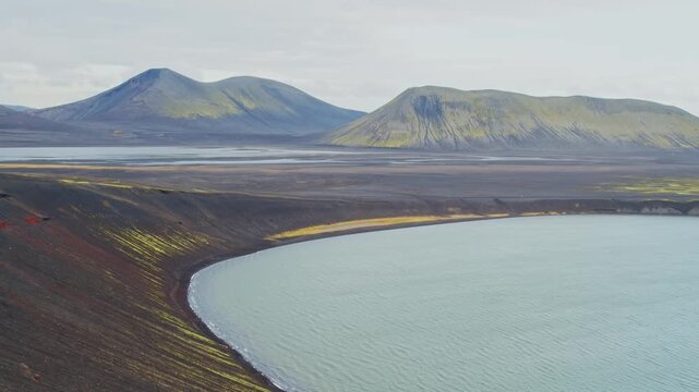aerial shot of Lj&oacute;tipollur, a volcanic crater lake in the Fjallabak Nature Reserve in the Southern Highlands of Iceland.