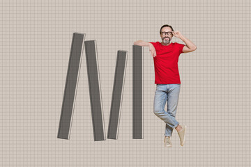 3d full poster banner pop collage of happy businessman stand chart statistics progress promotion career development success