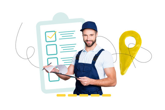 Banner 3d poster art collage of happy man hold clipboard geolocation delivery service international shipment route import - Powered by Adobe