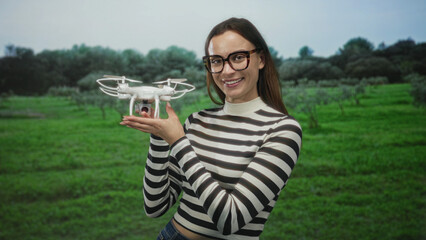 Woman holding a white drone with hand and points finger to drone in a forest clearing near green field, wearing striped turtleneck; curiosity technology exploration.