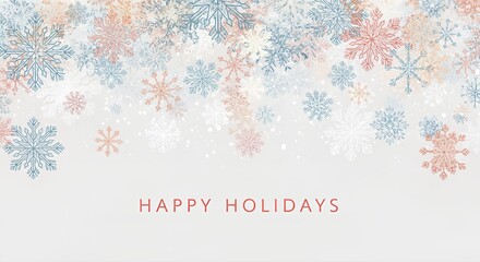 A festive holiday greeting card with pastel snowflakes falling on a light background, featuring "Happy Holidays" text.