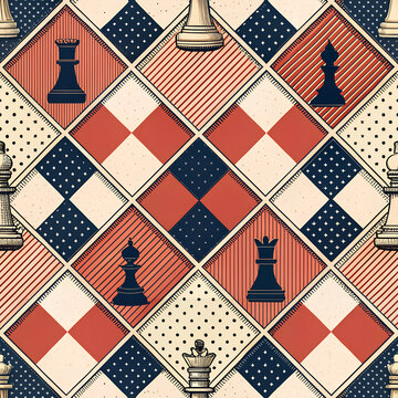 Chess pieces in a seamless pattern vintage style vector illustration perfect for backgrounds and textile designs Seamless pattern textile colorful