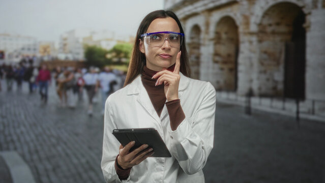 Woman scientist in white coat wearing safety goggles, holding tablet and touching chin in front of roman coliseum building; scientific curiosity.