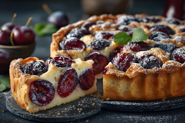 Fruit pie. Sweet pie, tart with fresh plums. Delicious cake with plums
