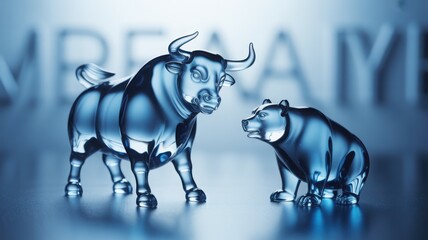 An artistic depiction of a bull and a bear facing each other. The figures are made of glass, and they symbolize the stock market trends