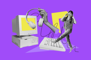 3d zine full photo collage of happy freelancer businesswoman listen music headphones keypad workplace dance it-specialist