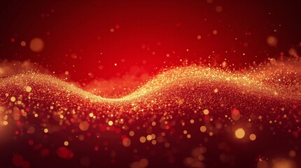 Elegant red and gold abstract background with glowing bokeh particles, festive glitter light wave, luxury celebration atmosphere, perfect for Valentine’s Day, Christmas and romantic design themes.