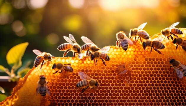 honey bees collecting nectar on honeycomb in a sunlit hive garden