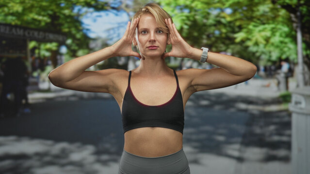 Woman framing face with hands, bare shoulders and sports bra on a tree lined street with pedestrians and trees; focus determination.