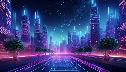 Fototapeta premium neon futuristic cityscape with glowing skyscrapers and digital plants under a starry night sky