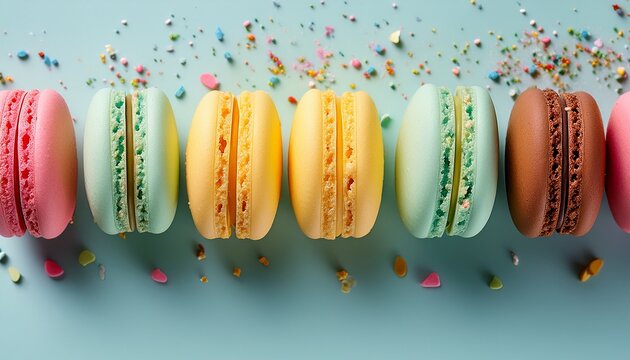 a clean minimalist flat lay of colorful macarons in a row with crumbs and sprinkles the image conveys elegance dessert and confectionery art