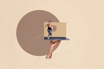 Composite 3d art pop image collage of happy businessman businesswoman stand laptop device freelancer programmer decoding