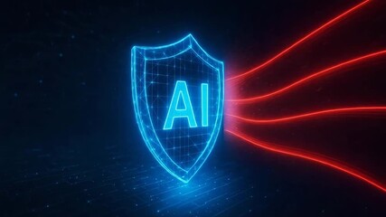 A glowing blue and red shield featuring the letter AI, symbolizing artificial intelligence and digital security technology. - Powered by Adobe