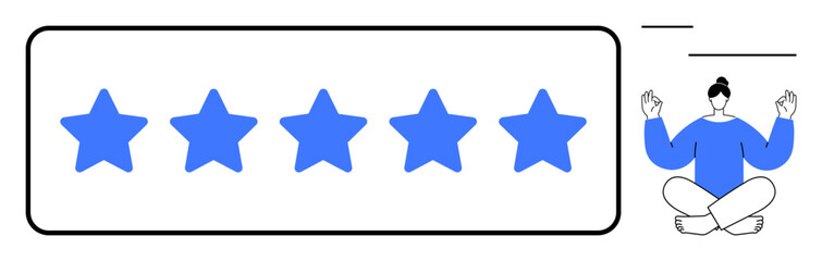 Row of five blue stars with a meditative figure sitting cross-legged. Ideal for customer review, satisfaction, quality, mindfulness, balance, reliability, success concepts. Simple flat metaphor