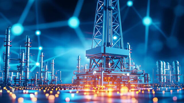 Futuristic oil rig and refinery with digital network connections and glowing lights