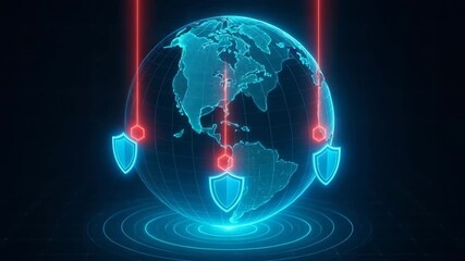 A digital representation of a globe with security shields and laser beams, highlighting global cybersecurity and protection. - Powered by Adobe