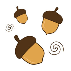 Illustration of an acorn with a brown cap and a tan body, outlined in a darker brown. Flat colors and a clean outline