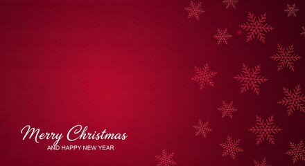 A festive red background with white "Merry Christmas and Happy New Year" text and red snowflake patterns.