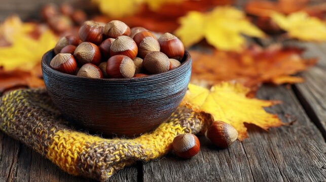 Whole hazelnuts fill a rustic bowl resting on knitted fabric amidst colorful foliage on weathered wood