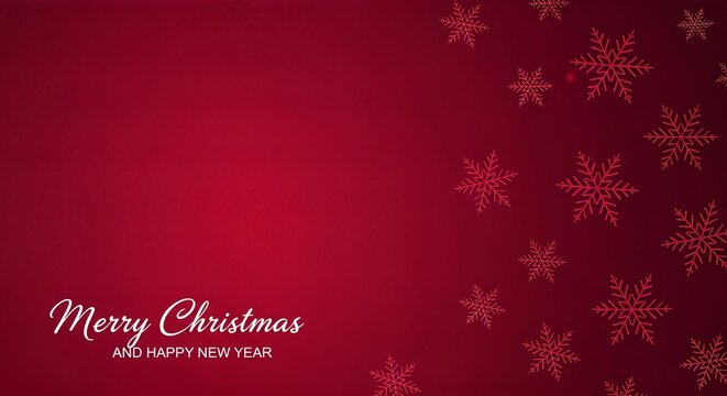 A festive red background with white "Merry Christmas and Happy New Year" text and red snowflake patterns.