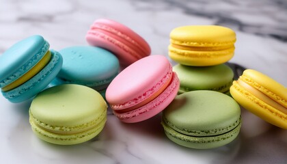 a stunning close up of colorful macarons in pink green blue and yellow on a marble surface perfect for bakery dessert and food styling projects