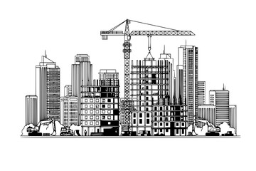Obraz premium Construction Site with Tower Crane. Vector Illustration of Residential Building Development, Skyscraper Construction and Modern City Landscape 