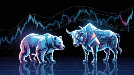 An illustration of a bull facing off against a bear with stock market chart
