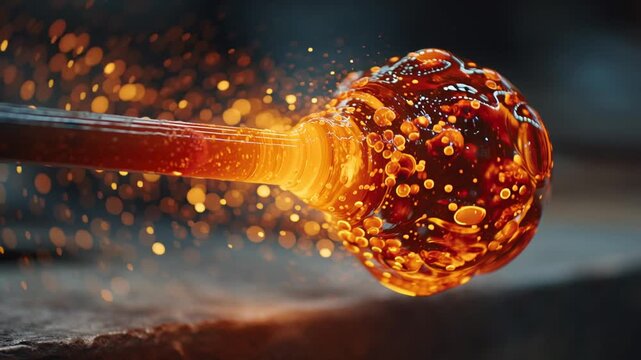 Crafting glowing glass art in a hot studio with skilled artisans shaping molten glass