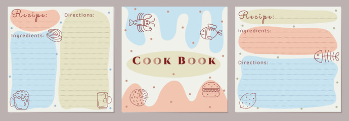 Cook book template, color vector recipe pages set. Doodle cartoon design with food icons. Three cards in vintage boho style. Retro square blanks with recipe name, ingredients and directions