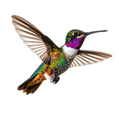 Fototapeta premium Hummingbird in flight, iridescent colors, wings spread