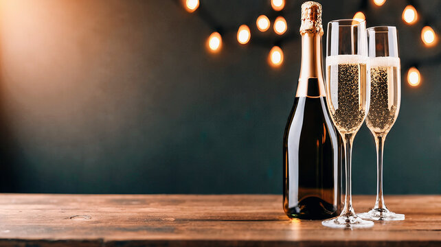 Christmas table setting, table top with red and green gifts and candles, champagne and wine glasses and bottle, blurred dark room with lights and christmas tree eve at background. place for text
