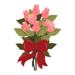 Fototapeta premium A bouquet of light pink roses with a large red bow. A set of two delicate blooms and five buds. Vector illustration on a white background.