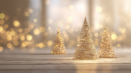 Golden Bokeh Christmas Tree Shapes on Minimal Background