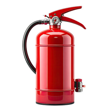 Red fire extinguisher with nozzle and pressure gauge on a black background