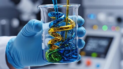 Lab technician in gloves pours yellow liquid into blue beaker creating swirling spirals then mixes to green. Macro footage of fluid dynamics and color blending for innovative science advertising
