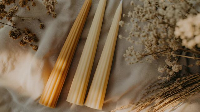 Rustic autumn candles with dried botanical arrangements on cloth