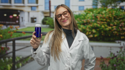 Young woman holding a blue bottle outside a medical building while smiling and wearing a lab coat; confidence wellness trust.