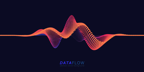 Big Data Flow wavy point lines. Minimalistic neural network information analysis. Digital dynamic qubits of data. AI technology voice print