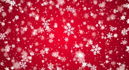 Falling white snowflakes on a festive red background, creating a cheerful winter holiday atmosphere perfect for seasonal designs.
