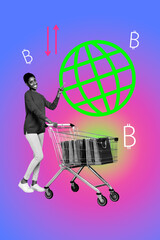 3d vertical artwork banner sketch photo collage of happy girl hold trolley packages blockchain purchase sale globe icon arrow