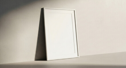 A white picture frame leaning against a wall in a softly lit minimalist setting