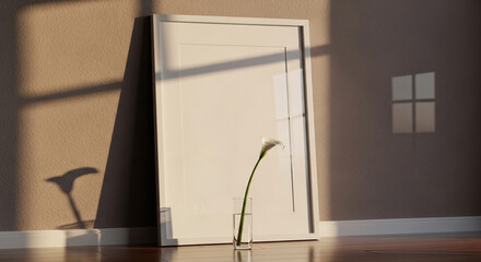 White calla lily in glass vase next to blank frame with sunlight casting shadows