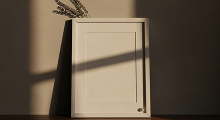 White framed cabinet with dried lavender on top casting shadows on a neutral wall