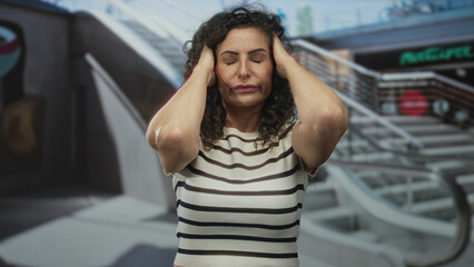Woman holds head with hands in mall building by escalator railing covering ears in discomfort;...