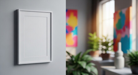 A blank white picture frame hanging on a wall with plants and art in the background