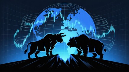 An artistic illustration representing the financial markets, depicting a bull and a bear in a global context