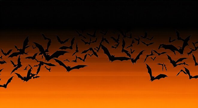 A large group of black bat silhouettes flying across an orange and black gradient background, perfect for Halloween.